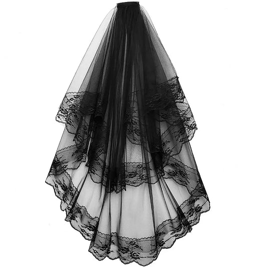 2 Tier Black White Flower Lace Edge Bridal Veils with Comb Elegant Vintage Wedding Cosplay Performance Hair Accessories