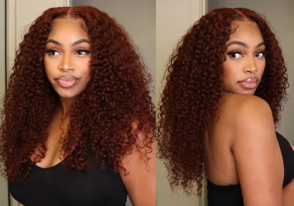 UNice Bye-Bye Knots Wig 7x5 Deep Curly Wear Go Glueless Wig Human Hair Reddish Brown Pre Cut Pre Bleached 13x4 Lace Frontal Wig