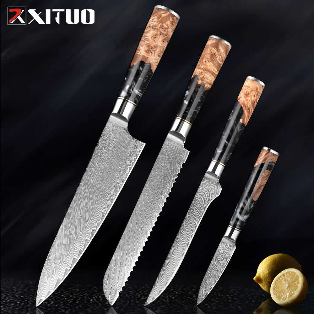 XITUO 1-9 PCS Damascus Steel Kitchen Knives High Quality Chef Chopping Vegetable Slicing Deboning Bread Knife Black Resin Handle