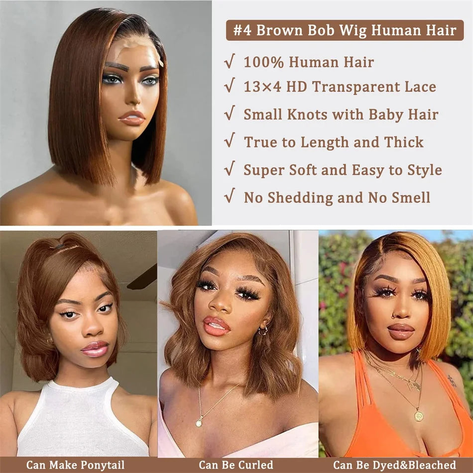 Vietname Super Double Drawn Bone Straight 13x4 Frontal Bob Wig with 100% Human Hair Chocolate Brown 180% Density For Black Women