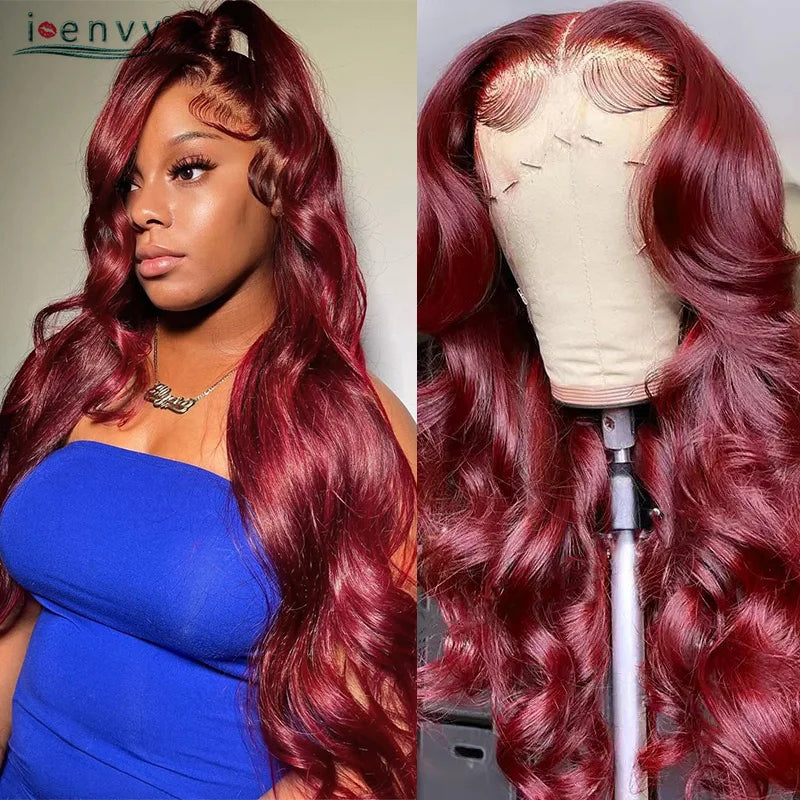 13X4 Hd Transparent Lace Front Wigs Burgundy Red Human Hair Wigs Pre Plucked 30 Inches Body Wave Lace Front Wigs For Women Curly