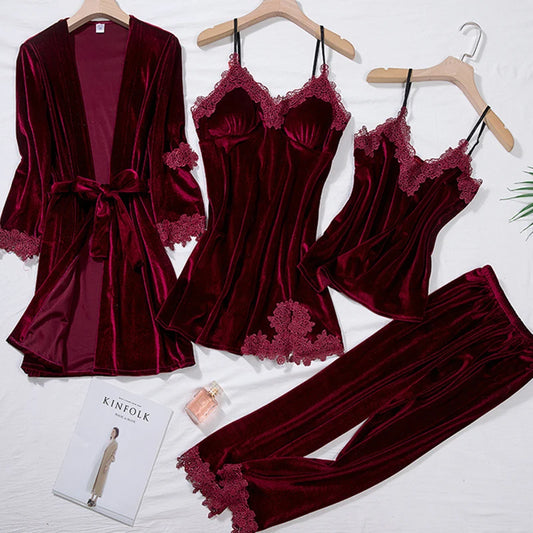 Velvet Four Piece Pajamas Set Autumn Female Sleepwear Lounge Wear Sexy Burgundy Lace Bathrobe Nightgown Loose Velour Homewear