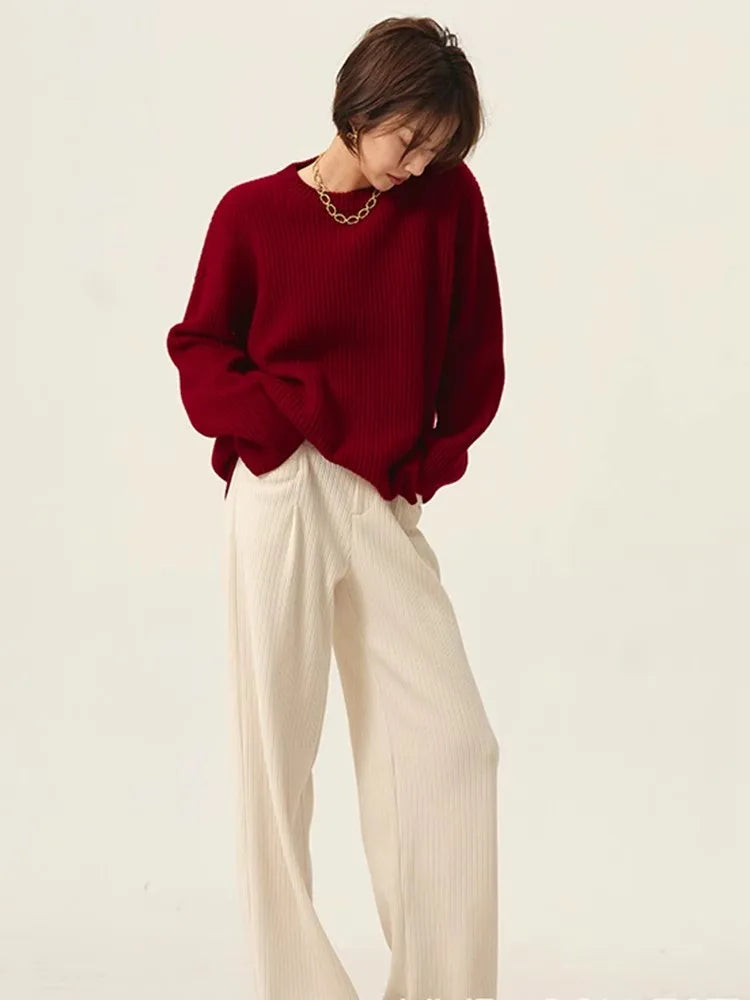 Turtleneck 100% cashmere sweater women loose thickening age reduction niche vintage red crewneck sweater women long sleeves