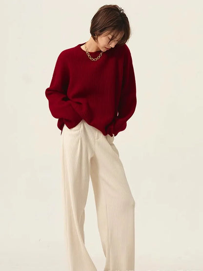 Turtleneck 100% cashmere sweater women loose thickening age reduction niche vintage red crewneck sweater women long sleeves