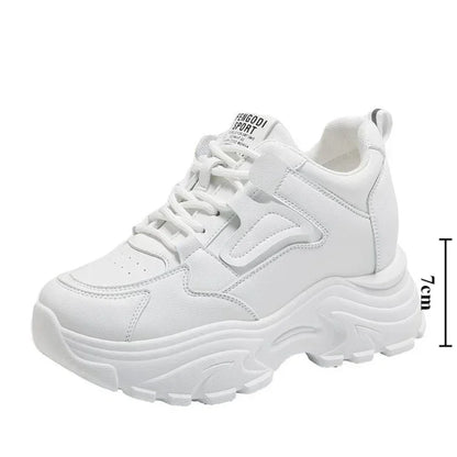 Women's Sneakers 2025 Spring Lace-Up Thick Bottom Vulcanize Shoes Woman Pu Leather Breathable White Black Sports Shoes Ladies