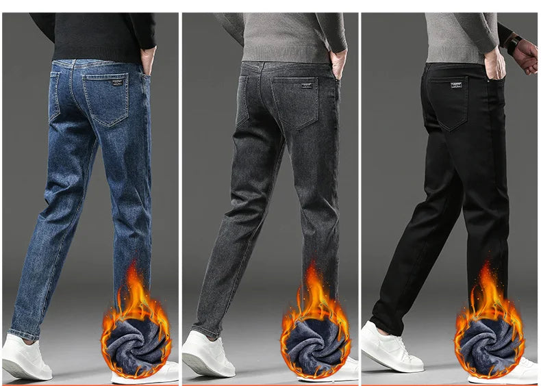 Winter Fleece Thick Warm Jeans Men's Slim Straight Elastic Denim Pants Casual Male Clothing Fashion Plush Trousers