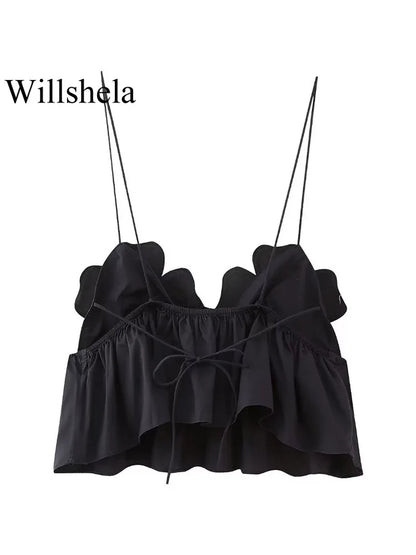 Willshela Women Fashion Floral Black Backless Lace Up Cropped Tops Vintage Thin Straps Pleated Female Chic Lady Crop Top