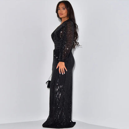 Women Sequins Splice Dress V Neck Full Sleeve A Line Evening Dresses Party Solid High Waist Long Skirts Office Lady Prom