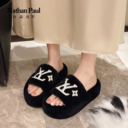 women's slippers solid color fluffy slippers women's winter fashion New women's shoes  thickened warm floor cotton slippers