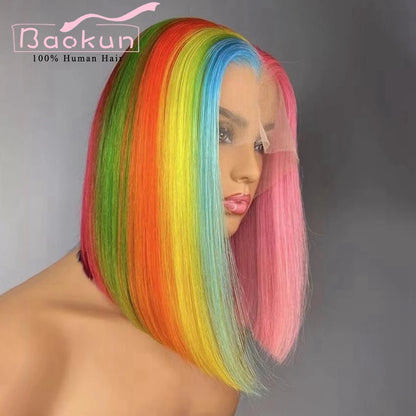 13x4 Rainbow Bob Straight Lace Front Wigs Human Hair 13x6 HD Lace Frontal Wig Glueless Blue Red Pink Highlight Human Hair Wigs