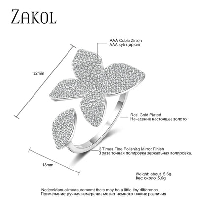 ZAKOL Luxury Sparkling Leaf Flower Micro-paved Zirconia Open Rings for Women Delicate Bridal Wedding Jewelry RP2034