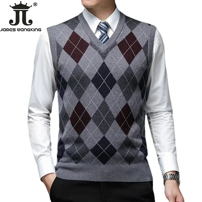 Woolen Sweater Warm Autumn and Winter New Men's Boutique Fashion Diamond -shaped Lattice Casual Business V -neck Sweater Vest