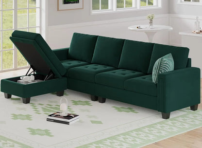 Velvet Reversible Sectional Sofa with Chaise Convertible L Shaped 4 seat Sectional Couch with Storage Ottomans Green