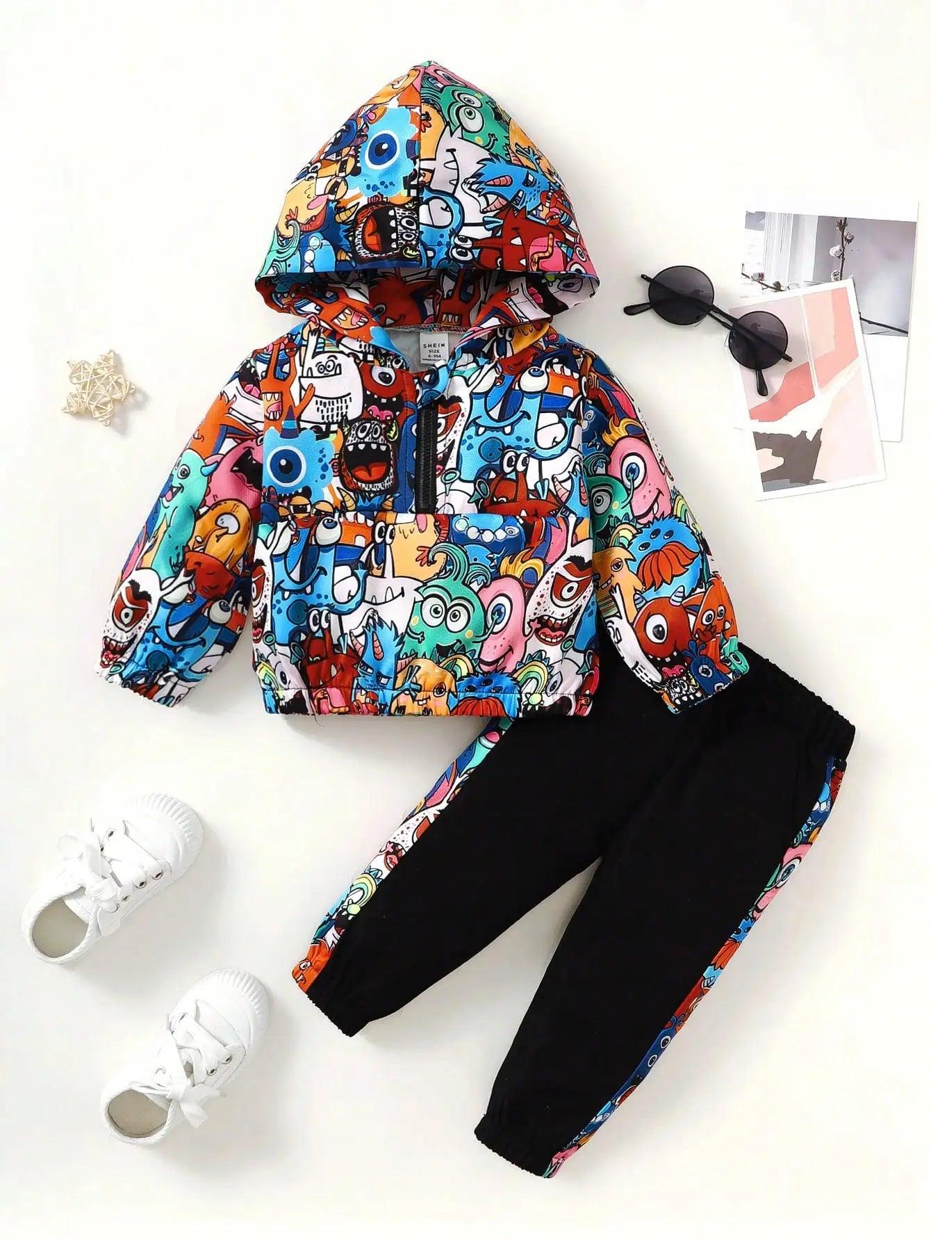 Two Sets Of Baby Boys Casual Cute Monster Pattern Half Open Front Hoodie & Pants Spring And Autumn - MAGUSTA BEAUTY