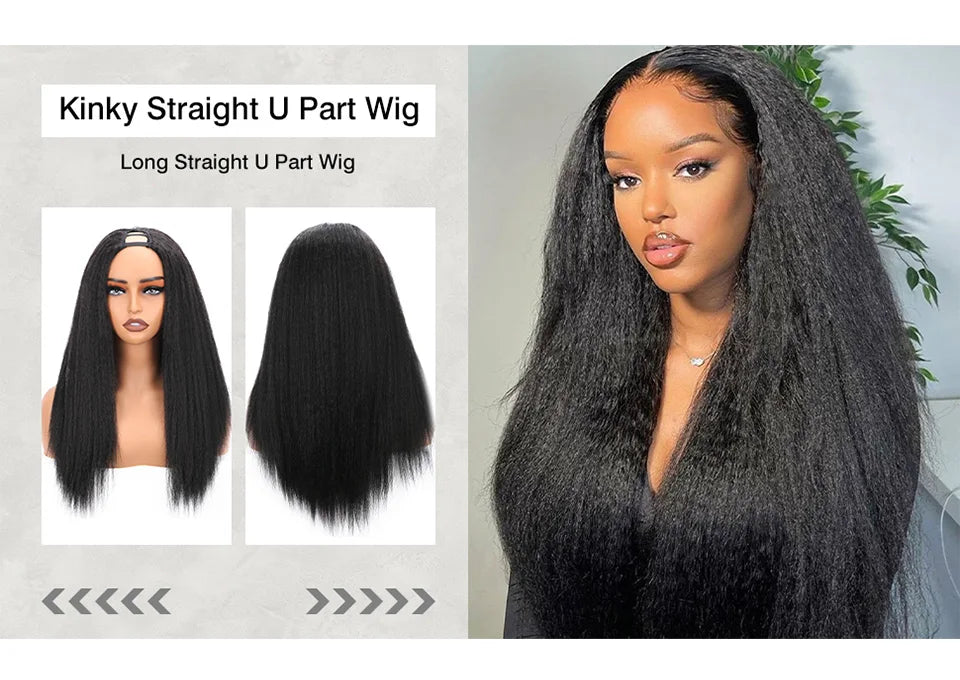 Yaki Straight U Part Wigs for Black Women Kinky Straight U Part Wig Human Hair Short Black Brown U Part Wig Kinky Straight Clip