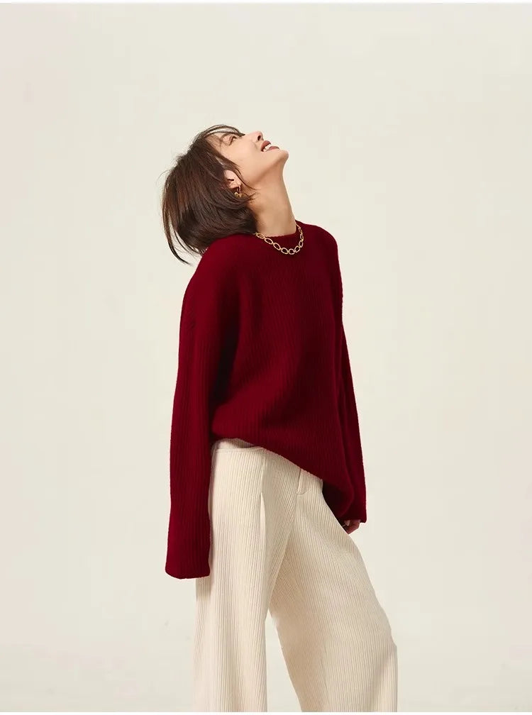 Turtleneck 100% cashmere sweater women loose thickening age reduction niche vintage red crewneck sweater women long sleeves