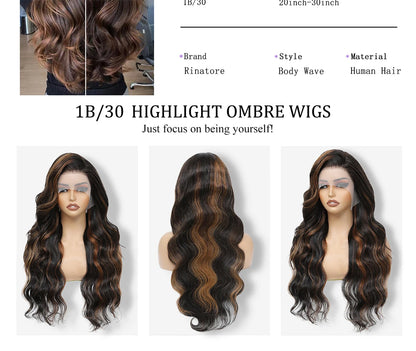 1B/30 Body Wave Highlight Wig Human Hair 30 Inch 13x4 HD Lace Frontal Wig 180 Density Natural Brazilian Hair Wig For Black Women