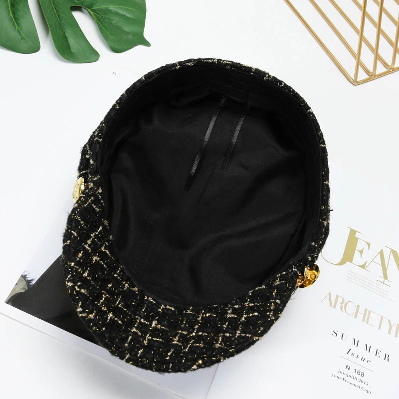 Pearl Chain Flat Top Navy Hat Fashion Beret Newsboy Caps Berret Woman Octagonal Hats Women's Designer Apparel boinas clasicas