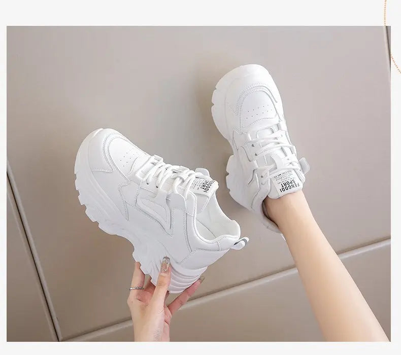 Women's Sneakers 2025 Spring Lace-Up Thick Bottom Vulcanize Shoes Woman Pu Leather Breathable White Black Sports Shoes Ladies