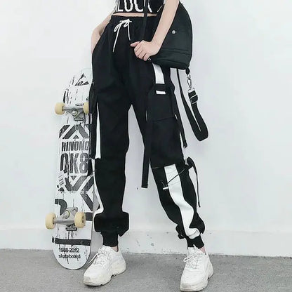 Women Cargo Pants 2023 Harem Pants Fashion Punk Pockets Jogger Trousers With Chain Harajuku Elastics High Waist Streetwear