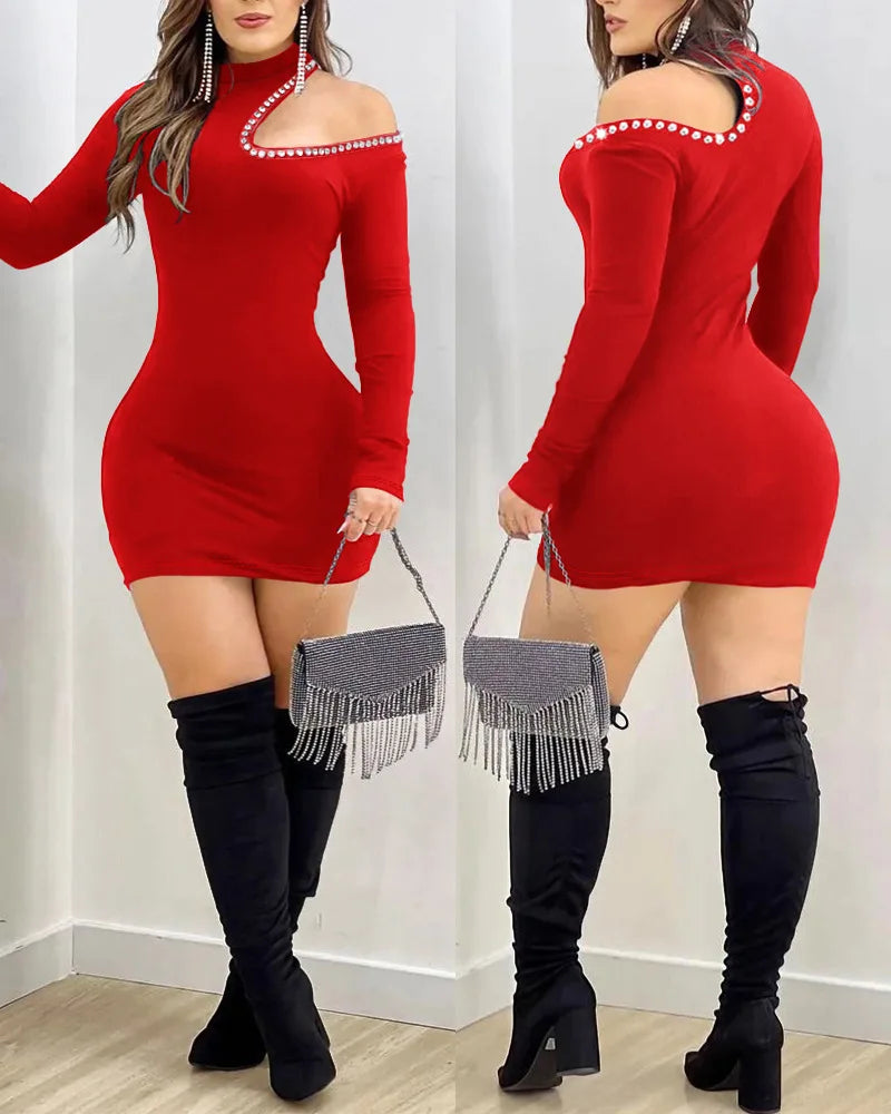 Women's Clothing Hollow Hot Drilling Midi Dress Long Sleeve Solid Color Sexy Bodycon Fashion Summer Dress