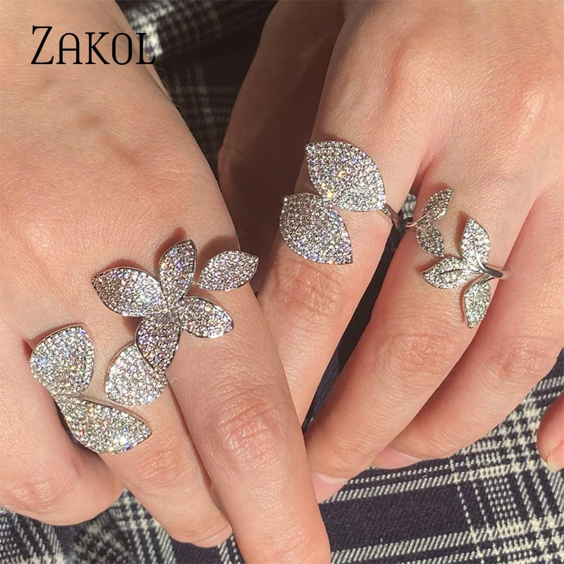 ZAKOL Luxury Sparkling Leaf Flower Micro-paved Zirconia Open Rings for Women Delicate Bridal Wedding Jewelry RP2034