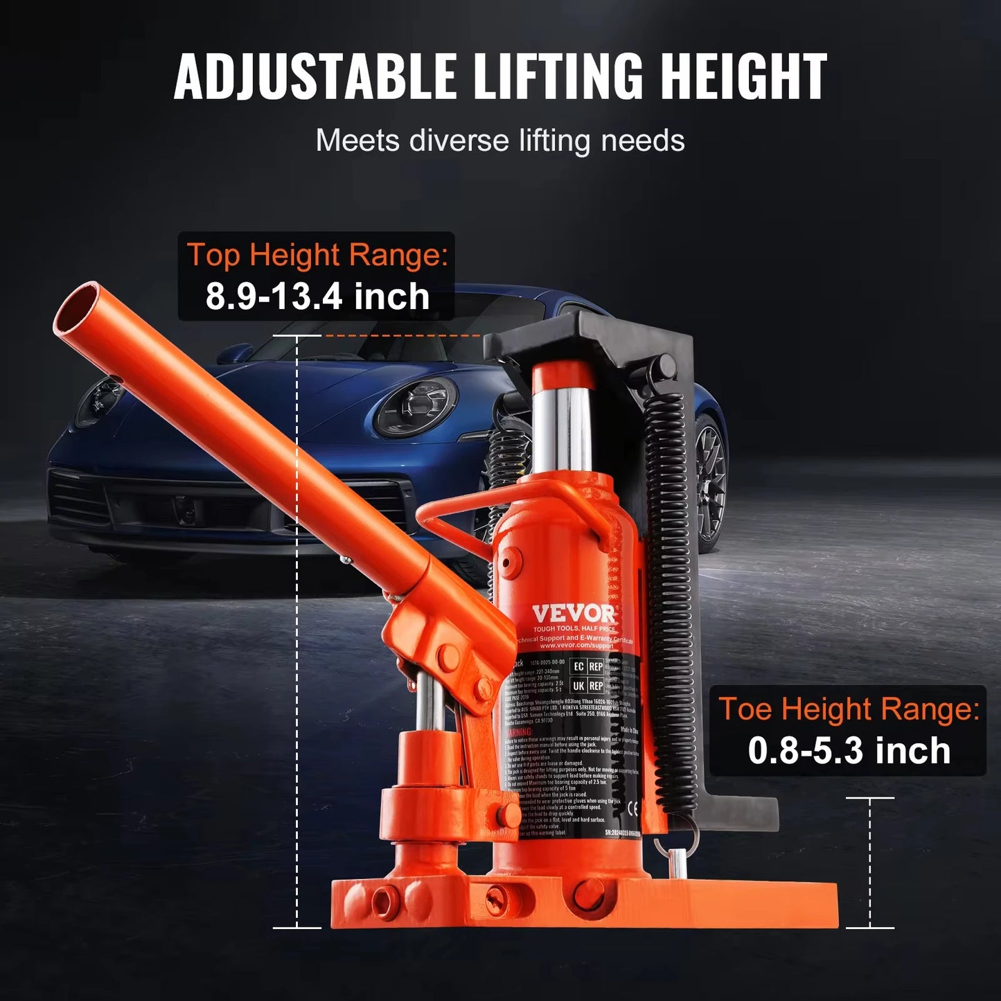 VEVOR Hydraulic Toe Jack 2.5 Ton On Toe Toe Jack Lift 5 Ton On Top Lift Capacity Machine Jack 0.8-5.3 in Toe Height 8.9-13.4 Top