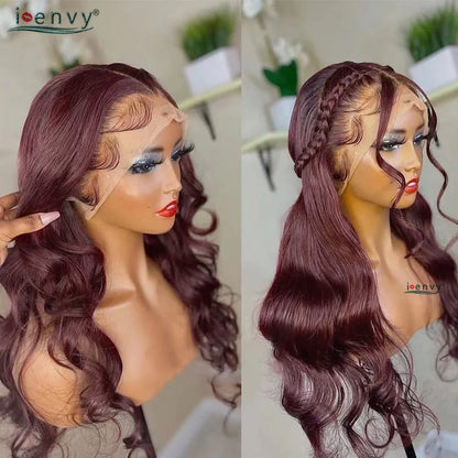 13X4 Hd Transparent Lace Front Wigs Burgundy Red Human Hair Wigs Pre Plucked 30 Inches Body Wave Lace Front Wigs For Women Curly