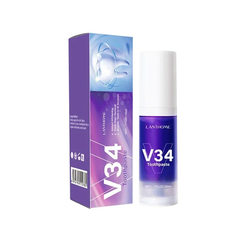 V34 30ml Purple Whitening Toothpaste Remove Stains Reduce Yellowing Care For Teeth Gums Fresh Breath Brightening Teeth New