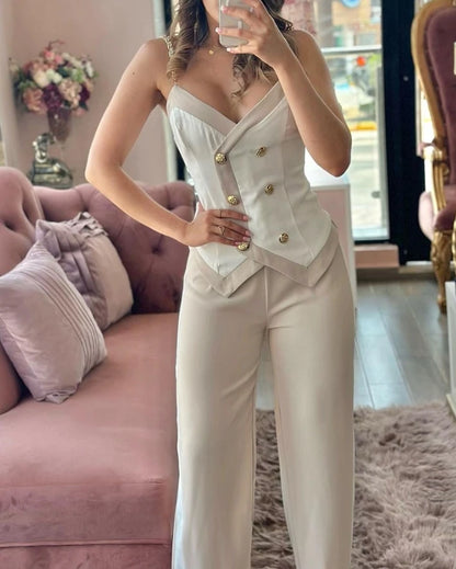 Women's Two-Piece Double Breasted Chain Strap Cami Top&straight Leg Pants Set 2024 Spring V-Neck Sleeveless Skinny Pants Set