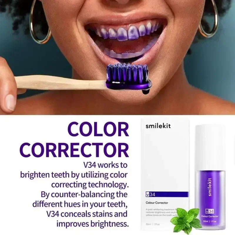 V34 30ml Purple Whitening Toothpaste Remove Stains Reduce Yellowing Care For Teeth Gums Fresh Breath Brightening Teeth New