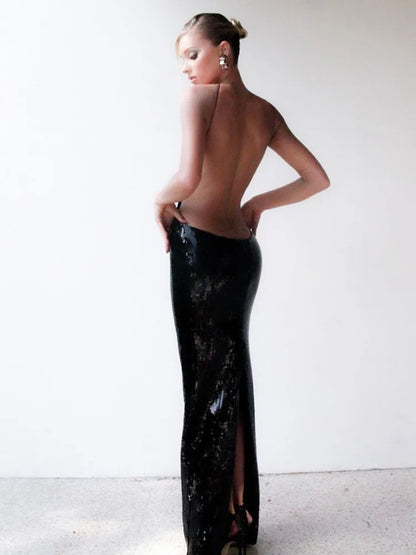 Women Summer Luxury Sexy Backless Halter Black Mesh Sequins Maxi Long Gowns Dress Elegant Celebrity Evening Party Club Dress