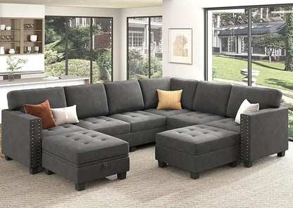 Velvet Modular Sectional Sofa, Convertible L Shaped Sofa Couch with Storage Top Tray Ottoman Corner Couch,Dark Blue