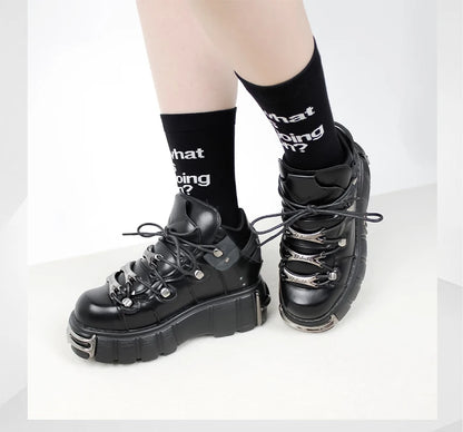 2024 NEW Punk Style Women Shoes Lace-up heel height 6CM Platform Shoes Woman Gothic Ankle Rock Boots Metal Decor Woman Sneakers