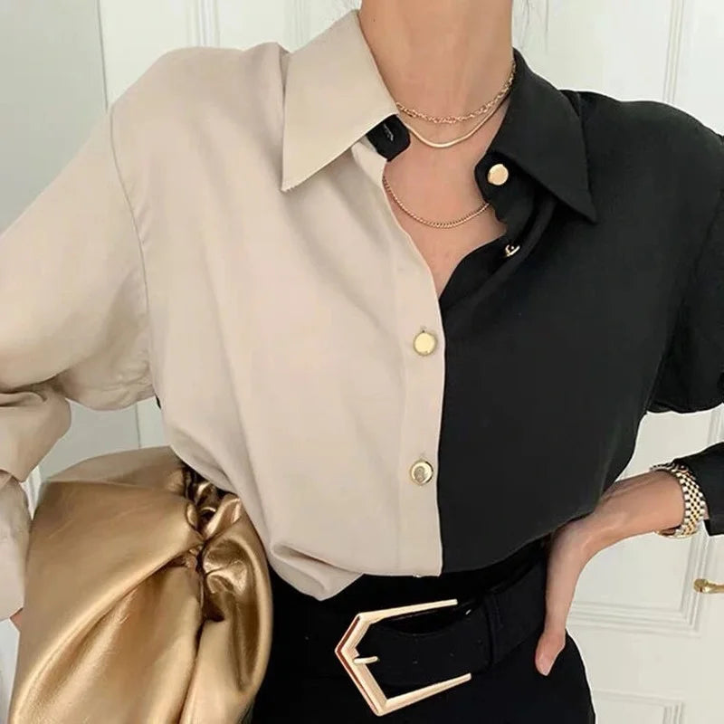 HOUZHOU Vintage Shirt Women Elegant Office Ladies Blouses Y2k Korean Style Long Sleeve Oversize Patchwork Casual Tops Female