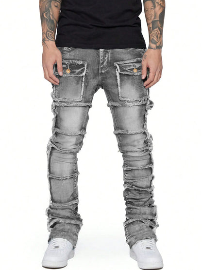 Trendy Men Jeans, European and American Fashionable Workwear with Patch, Elastic, Laminated and Slightly Flared Men Denim Pants.