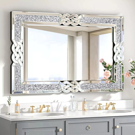 Wisfor Crushed Diamond Wall Mirror Rectangular Glass Silver Vanity with Decorative Glam Bling Crystal Frame Edge