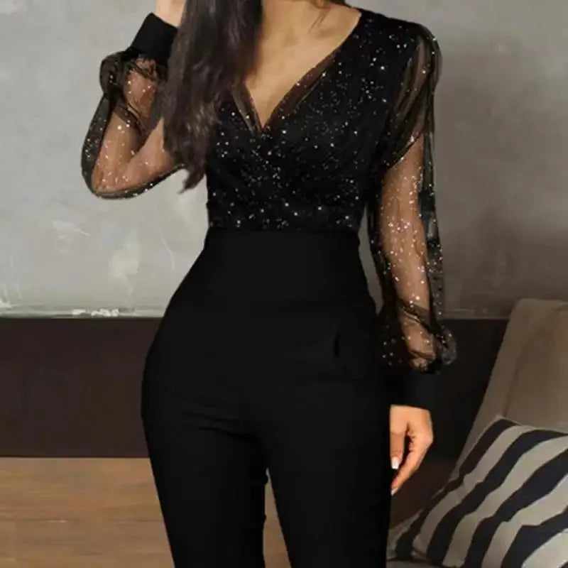 Women Sexy Jumpsuits Sequins Full Sleeved V Neck Lace Rompers Midi Waist Pants One Piece Overalls Solid Straight Trousers