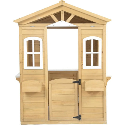 Wooden Playhouse for Kids Outdoor, Country Style Playhouse with Working Door, Service Stations, Natural,39" L X 38" W X 55.5" H