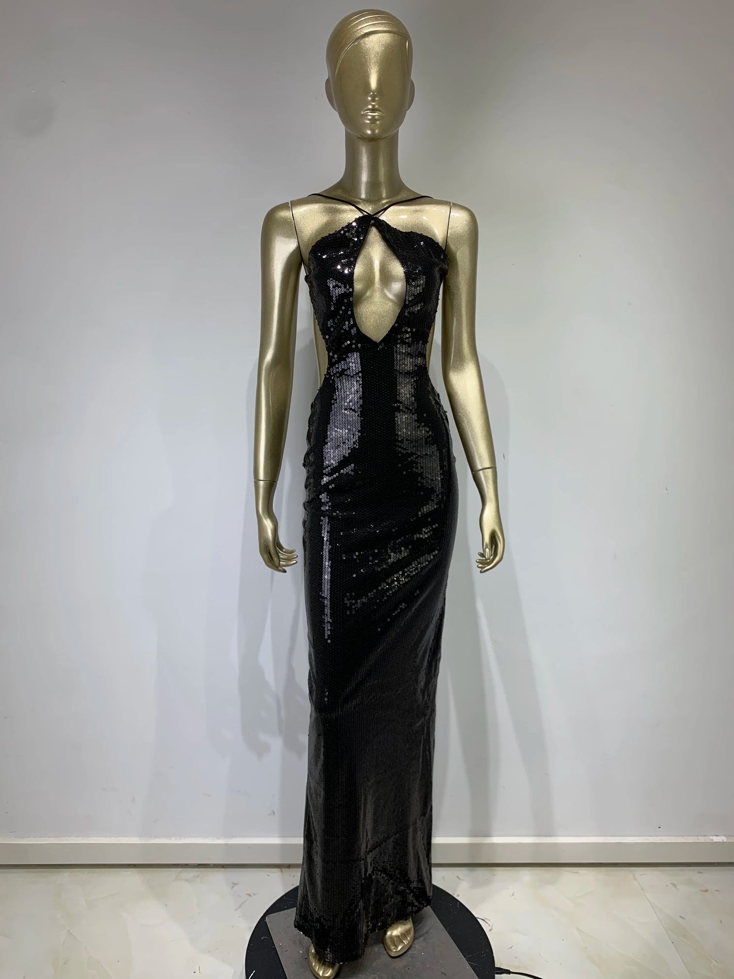 Women Summer Luxury Sexy Backless Halter Black Mesh Sequins Maxi Long Gowns Dress Elegant Celebrity Evening Party Club Dress