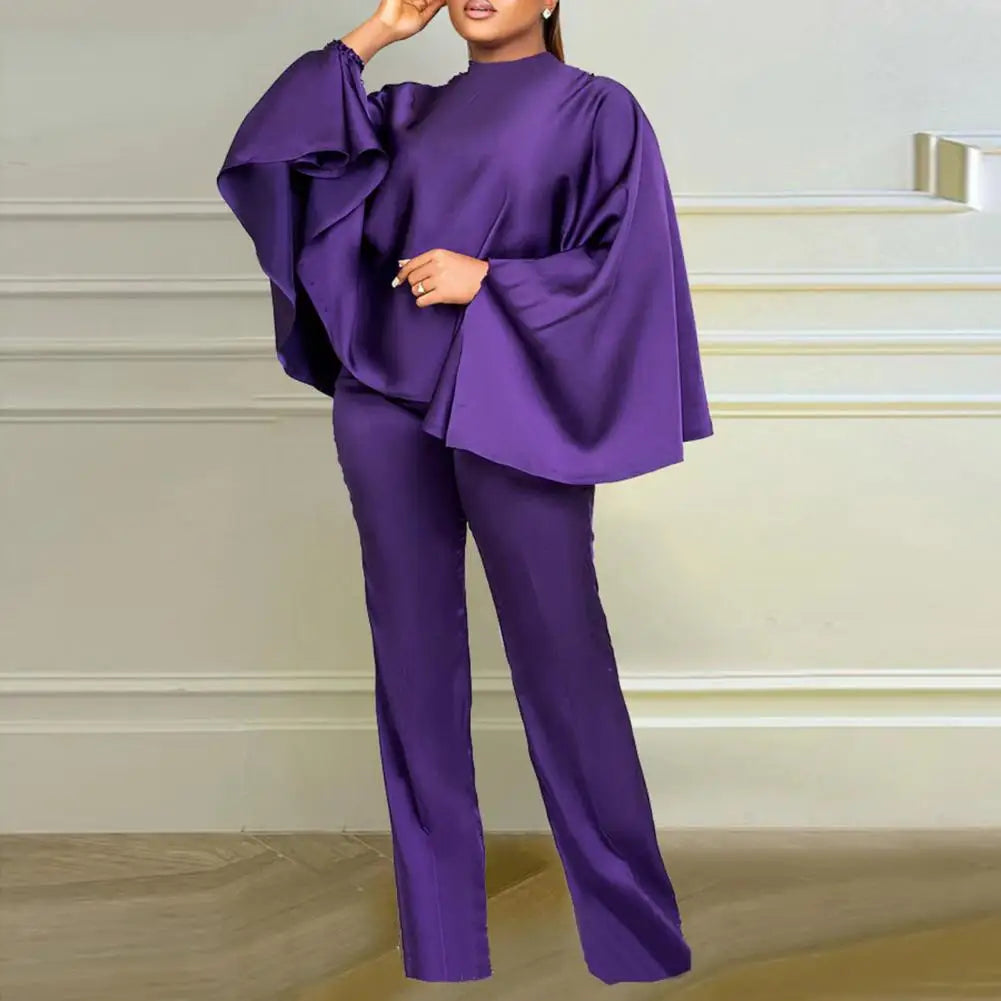 Women Casual Two-piece Set Stylish Women's Satin Two-piece Set O-neck Batwing Sleeve Top High Waist Pants African for Winter