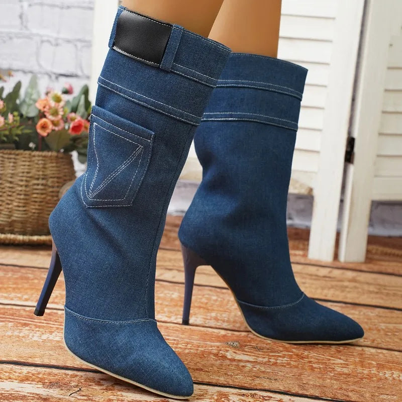 2023 Winter Women's Vintage Fashion Style Blue Denim Ankle Boots Thin High Heel Pointed Jeans Short Boots High Heel Shoes - MAGUSTA BEAUTY