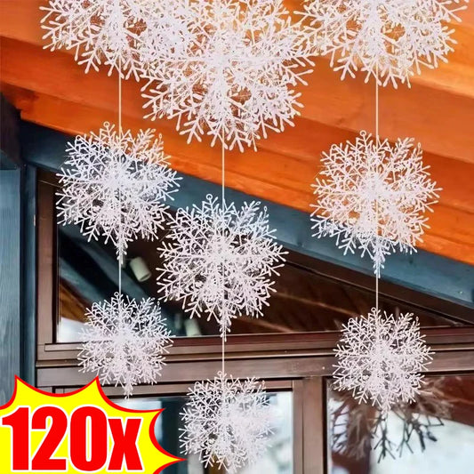 120/30PCS Christmas Snowflake Ornaments Glitter Fake White Snowflake Xmas Tree Hanging Pendents New Year Home Party Decorations