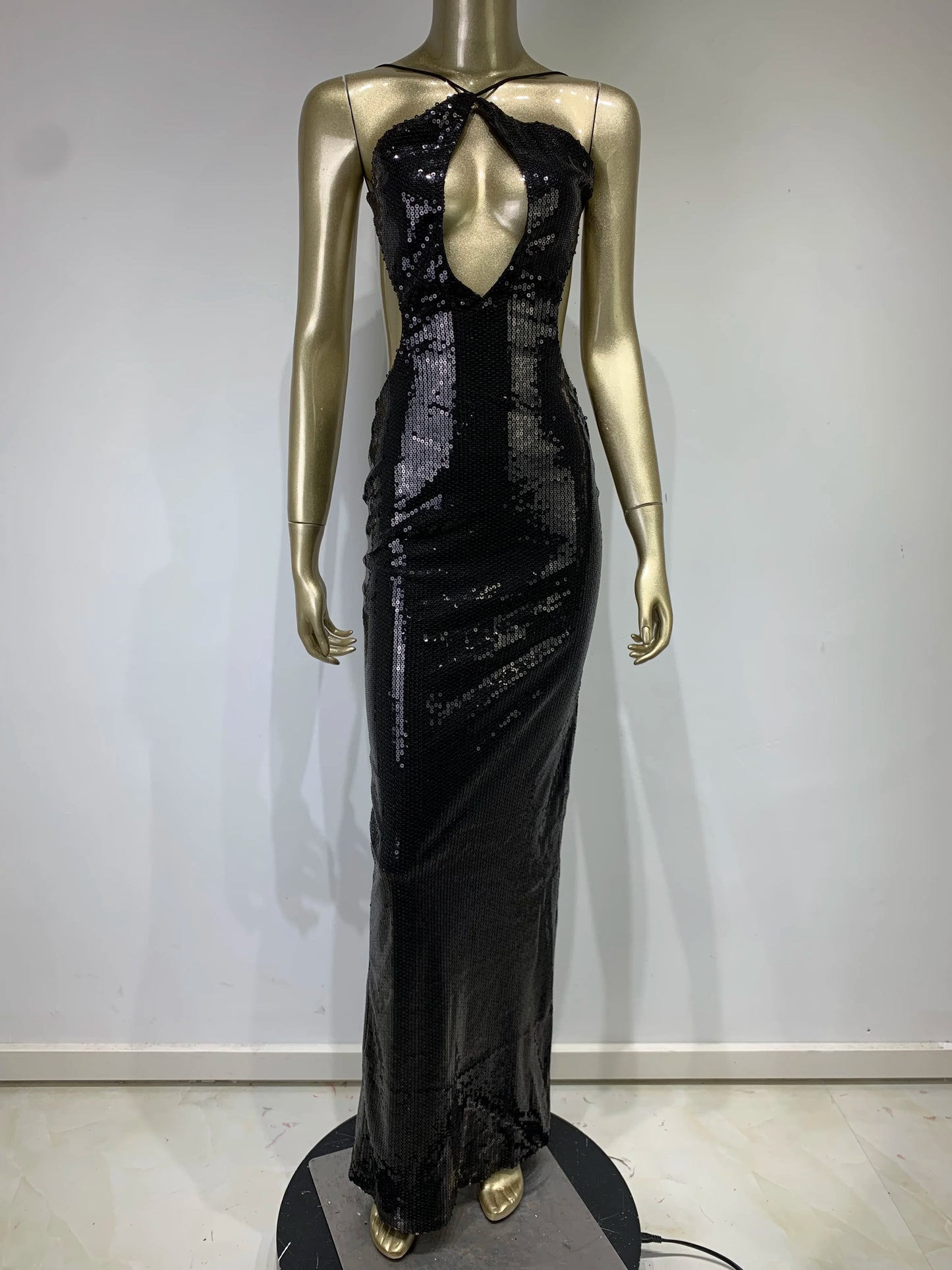 Women Summer Luxury Sexy Backless Halter Black Mesh Sequins Maxi Long Gowns Dress Elegant Celebrity Evening Party Club Dress