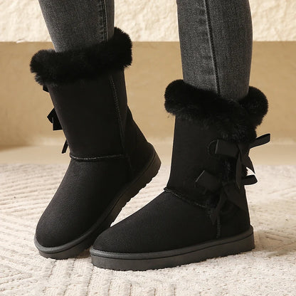 Women Flock Fluffy Suede Snow Boots Cute Butterfly Round Toe Warm Boots Autumn Winter Thick Sole Platform Cotton Shoes