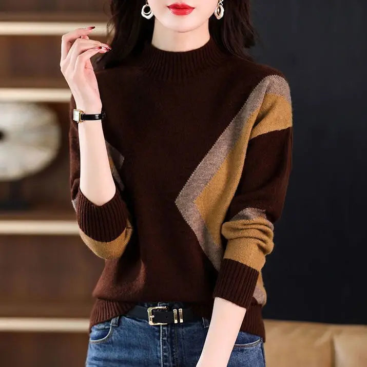 Velvet and Thickened Women's Top 2024 New Autumn/Winter Korean Edition Color Block Knitted Half High Neck Sweater