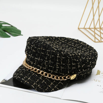 Pearl Chain Flat Top Navy Hat Fashion Beret Newsboy Caps Berret Woman Octagonal Hats Women's Designer Apparel boinas clasicas