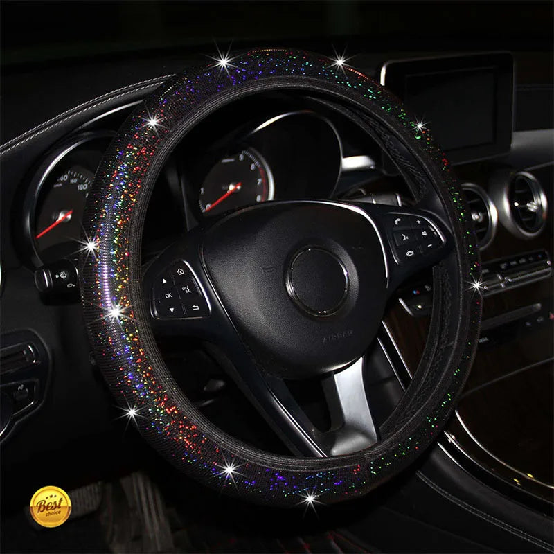 Universal Car Steering Wheel Cover 38cm Faux Leather Rhinestones Imitation Diamond Anti-slip Pink Steering Wheel Cover For Girls