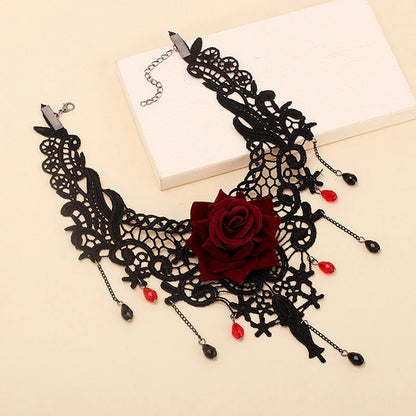 Vintage Flower Charm Pendant Choker Necklace for Women Gothic Lace Tassel Clavicle Chain Jewelry