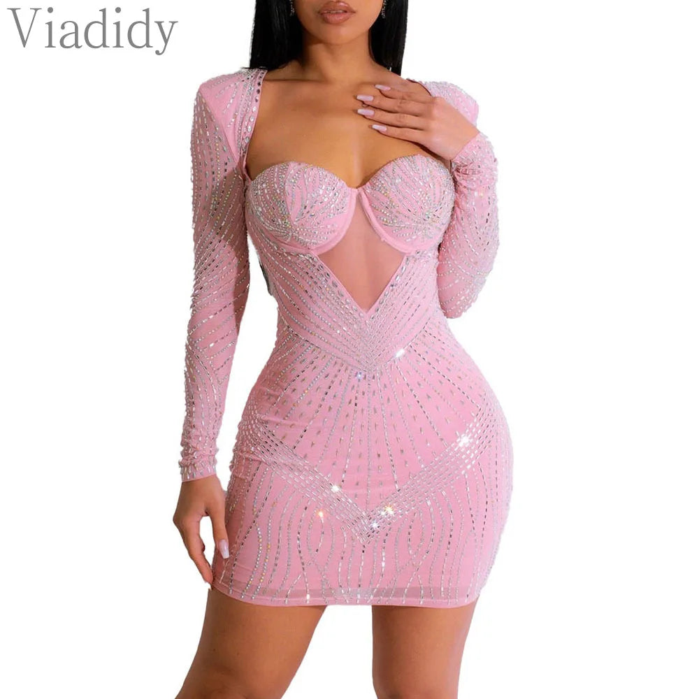 Women Sexy Sheer Mesh Rhinestone Decor Long Sleeve Skinny Party Dress